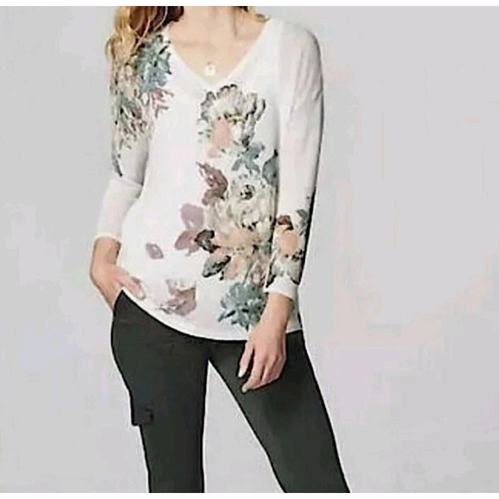 J. Jill Floral Linen Blend Open Weave V-Neck Sweater Size Medium